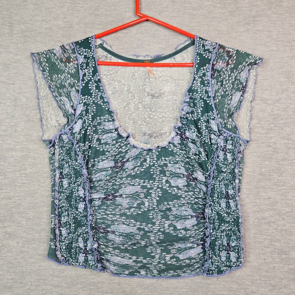 Free People Teal Purple Floral Smocked Ruffle Knit Top Women's Sz Large